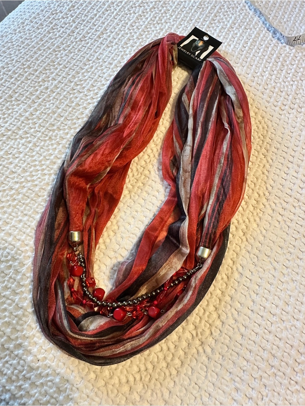 Red Multi-Stripe Necklace Scarf with Bead Detail